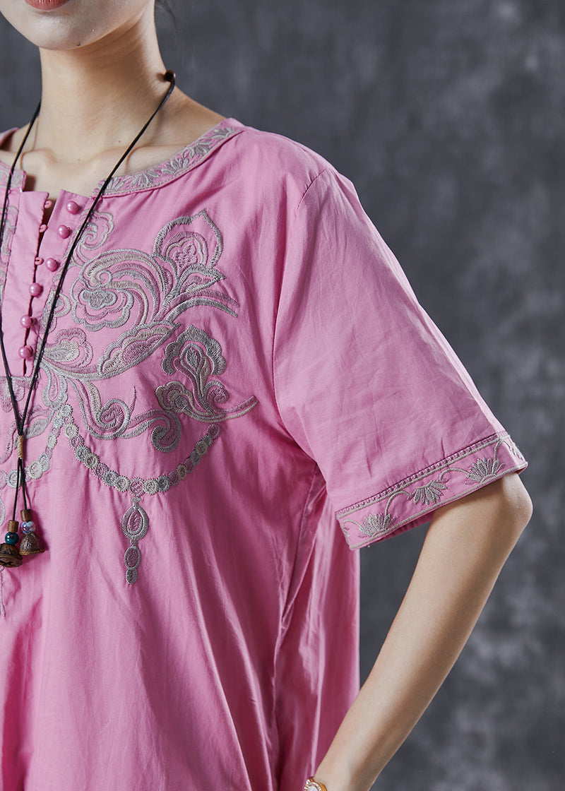 Pink Embroidered Cotton Long Dress Summer