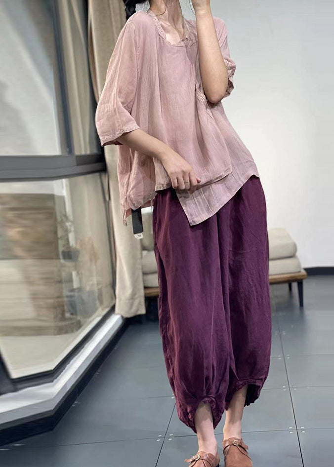Pink Embroidered Linen Blouses Summer