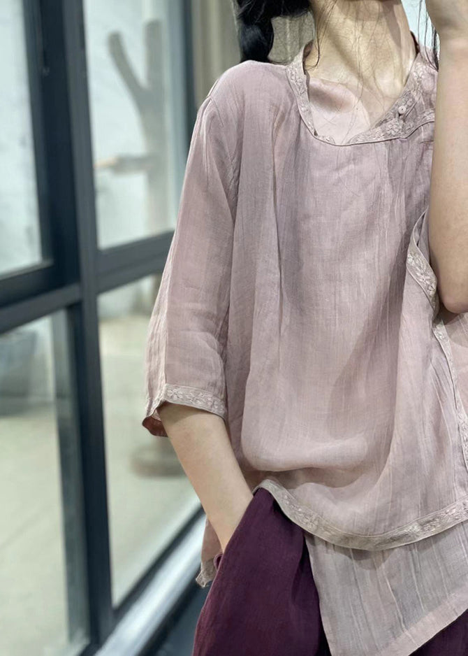 Pink Embroidered Linen Blouses Summer