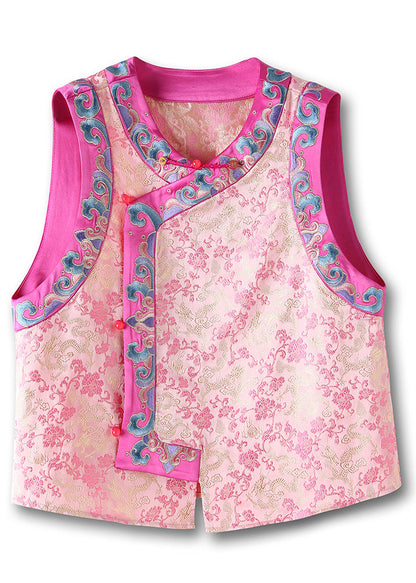 Pink Embroidered Button Patchwork Silk Waistcoat Sleeveless