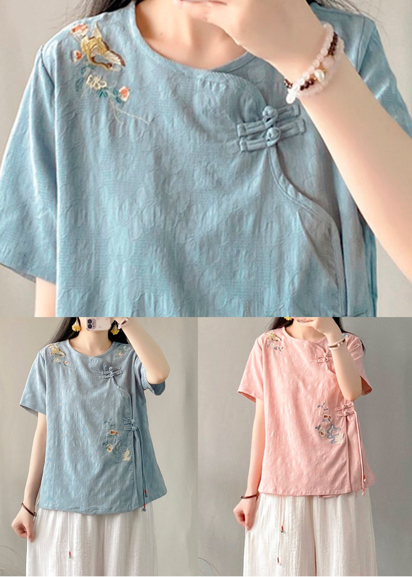 Pink Embroideried Chinese Button Patchwork Linen Top Summer
