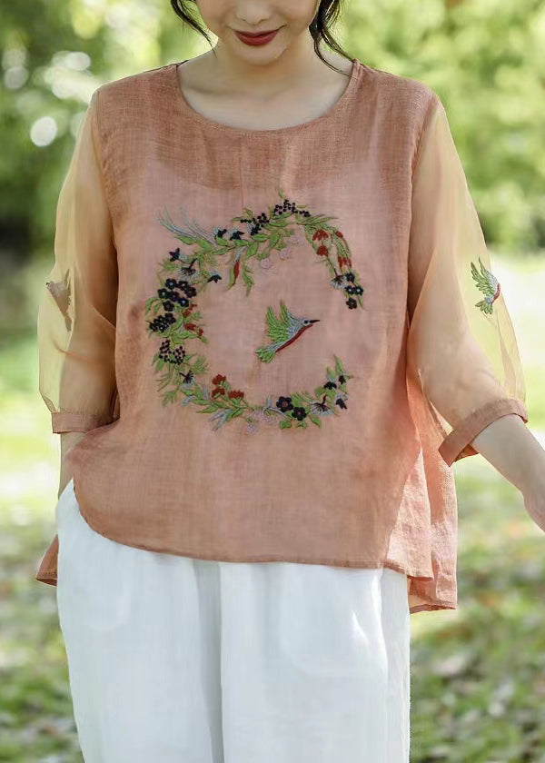 Pink Embroideried Tulle Patchwork T Shirt Half Sleeve