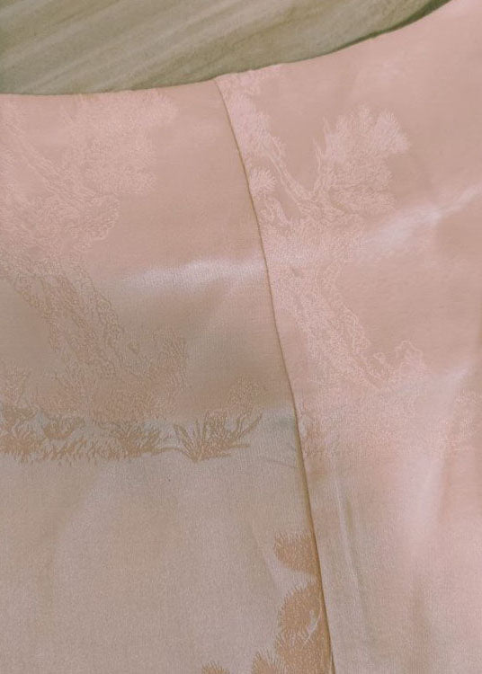 Pink O-neck Jacquard Button Silk Blouse Tops Half Sleeve