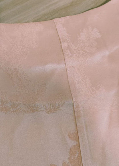Pink O-neck Jacquard Button Silk Blouse Tops Half Sleeve