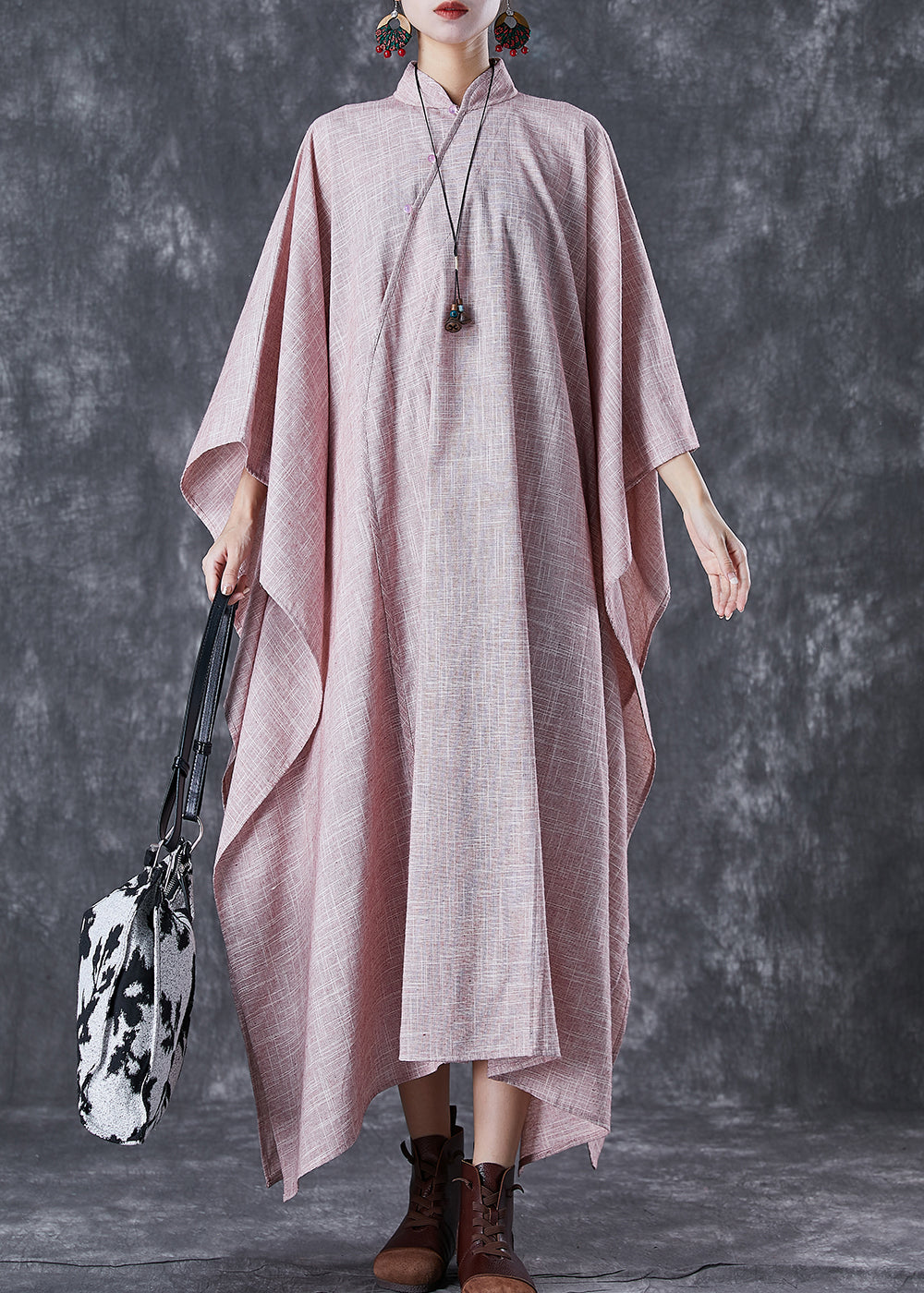 Pink Oversized Chinese Style Linen Dresses Batwing Sleeve