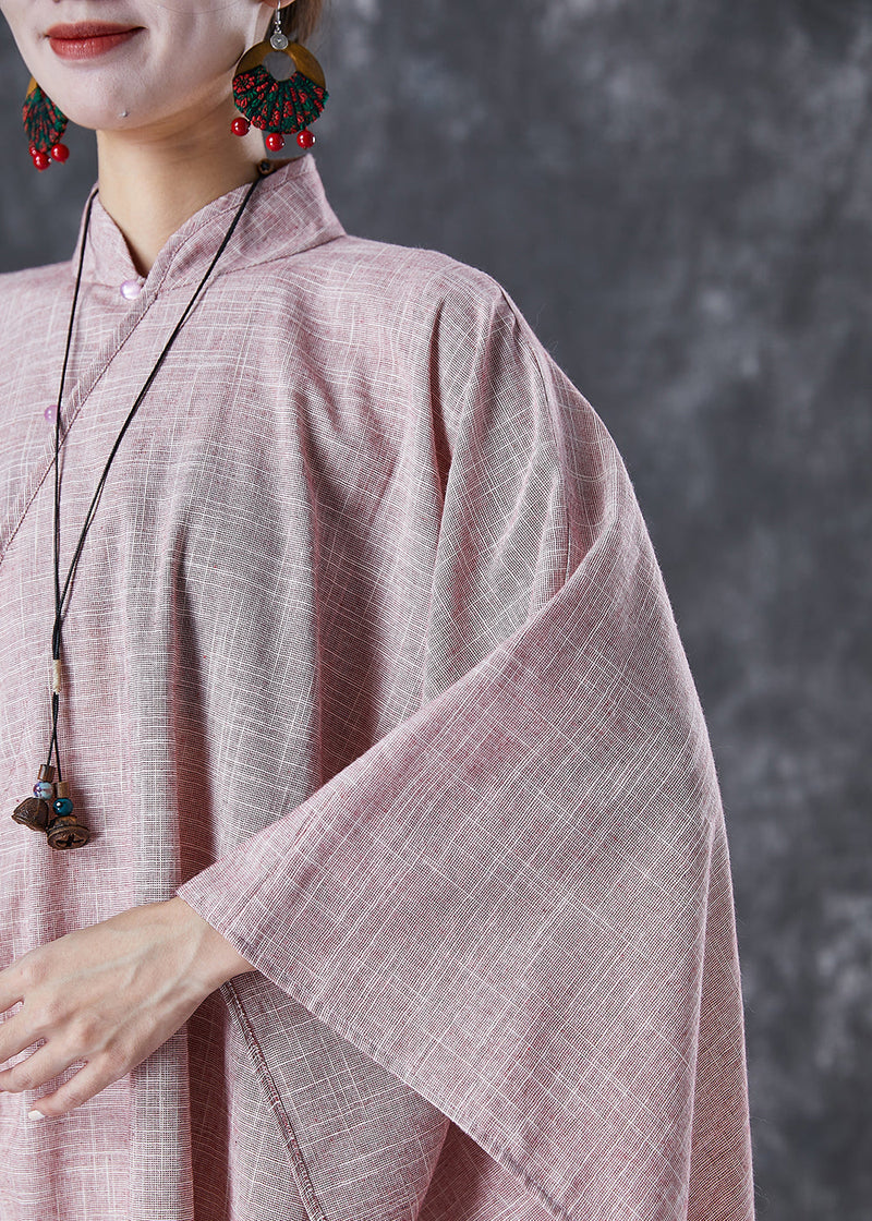 Pink Oversized Chinese Style Linen Dresses Batwing Sleeve