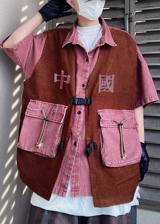 Pink Oversized Patchwork False Two Pieces Shirts Half Sleeve