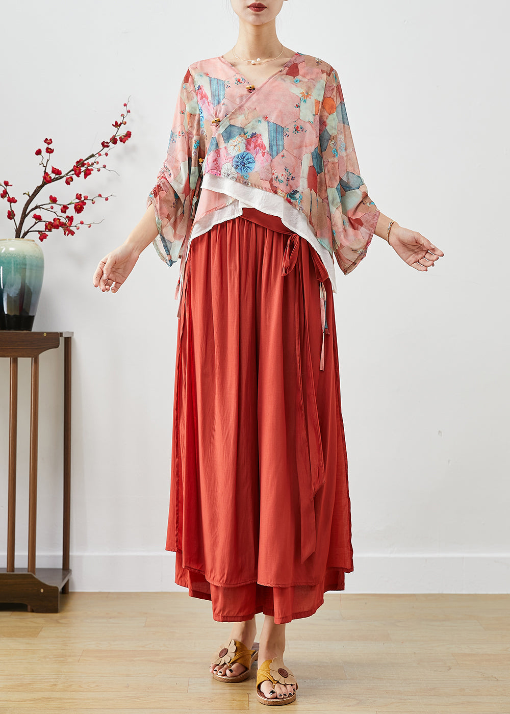 Pink Oversized Print Cotton Two Pieces Set Fall