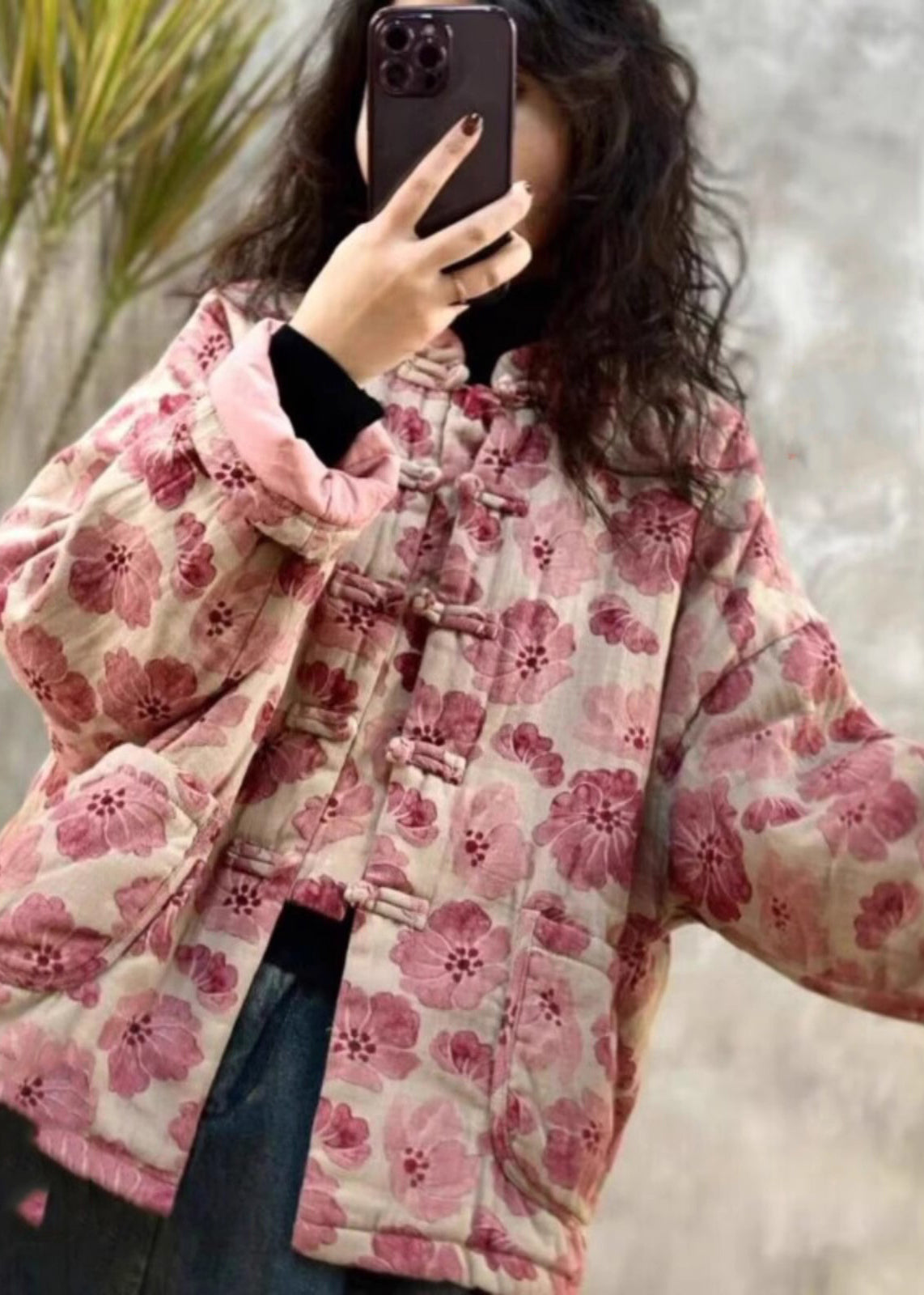Pink Oversized Print Fine Cotton Filled Parkaer Winter