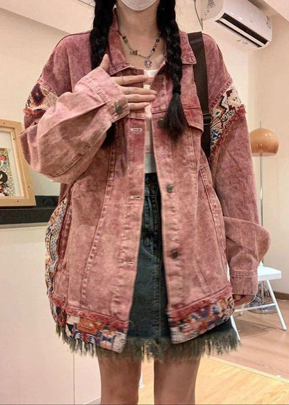 Pink Peter Pan Collar Button Patchwork Denim Coat Spring