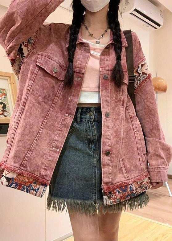 Pink Peter Pan Collar Button Patchwork Denim Coat Spring