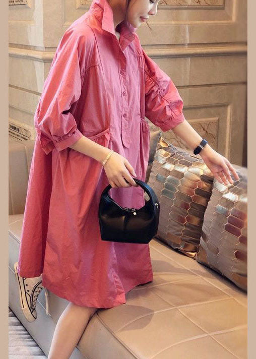 Red Stitching Pockets Button Fall Half Sleeve Shirt Dress
