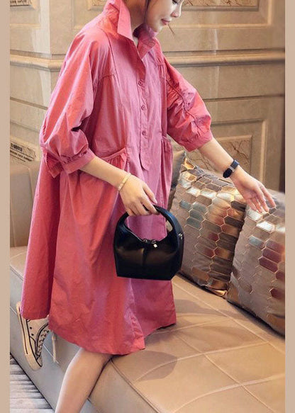 Purple Polka Dots Pockets Button Fall Half Sleeve Shirt Dress