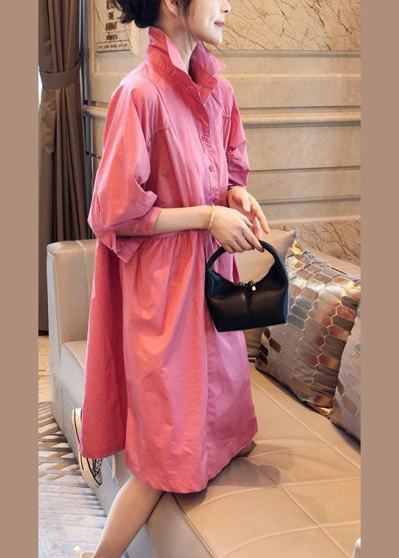 Red Stitching Pockets Button Fall Half Sleeve Shirt Dress