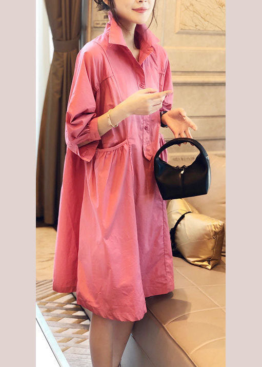 Red Stitching Pockets Button Fall Half Sleeve Shirt Dress