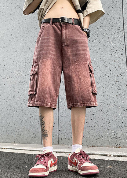 Pink Pockets Elastic Waist Denim Shorts Summer