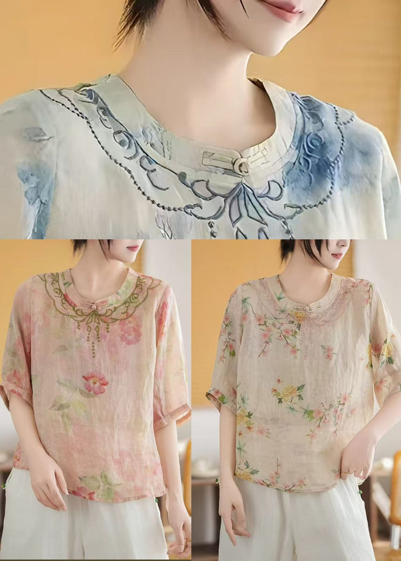 Pink Print Chinese Style Linen Top Summer