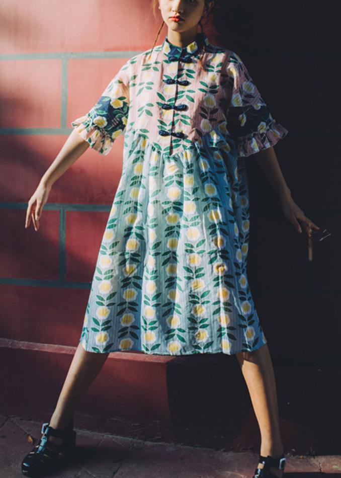Pink Print Stand Collar Summer Dress