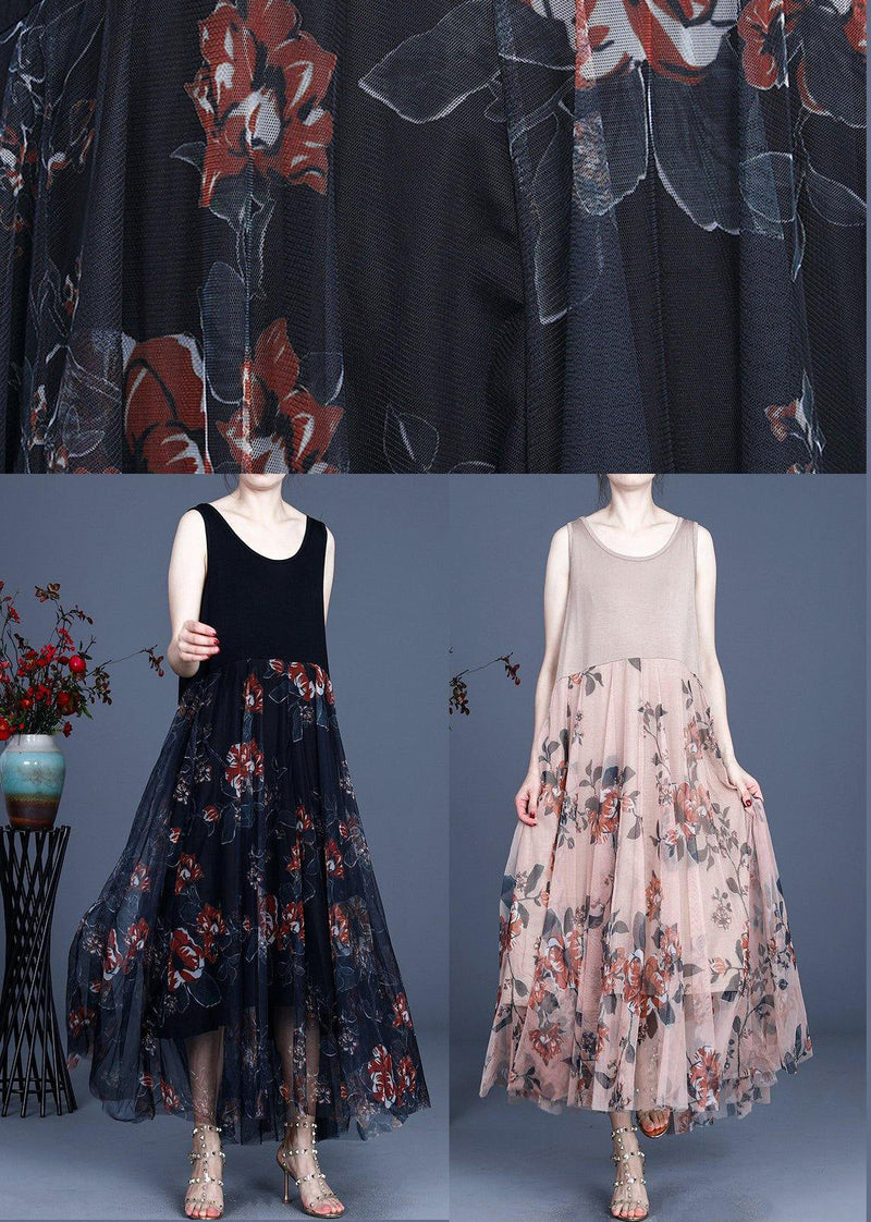 Pink Print Lace Dress O-neck Sleeveless Summer Dresses