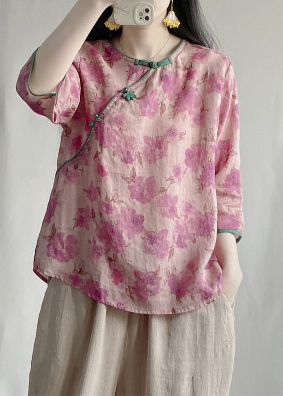 Vintage Pink Print Linen Oriental Blouses Bracelet Sleeve