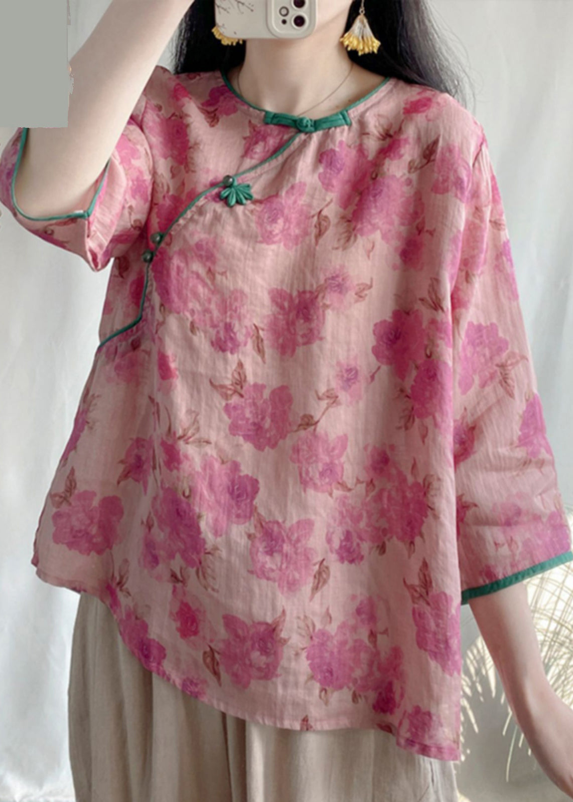Vintage Pink Print Linen Oriental Blouses Bracelet Sleeve