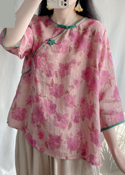 Vintage Pink Print Linen Oriental Blouses Bracelet Sleeve