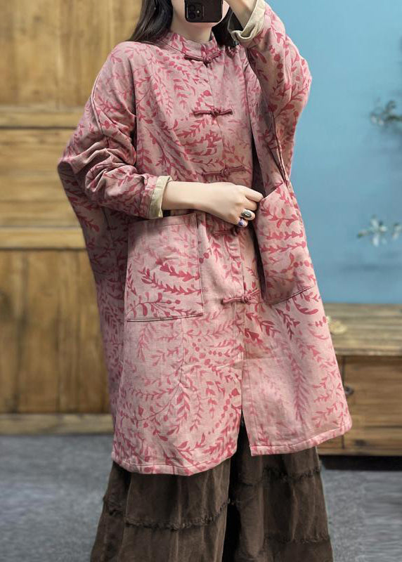 Pink Print Pockets Cotton Trench Spring