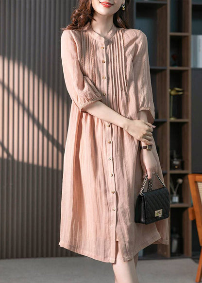 Pink Stand Collar Button Wrinkled Linen Dress Half Sleeve