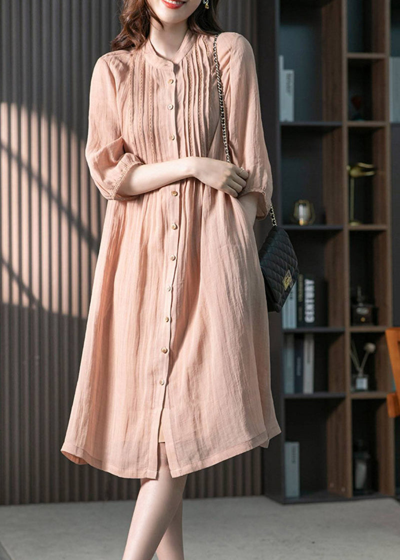 Pink Stand Collar Button Wrinkled Linen Dress Half Sleeve