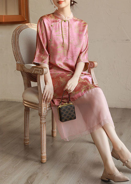 Pink Stand Collar Tasseled Print Patchwork Silk Long Dress Summer