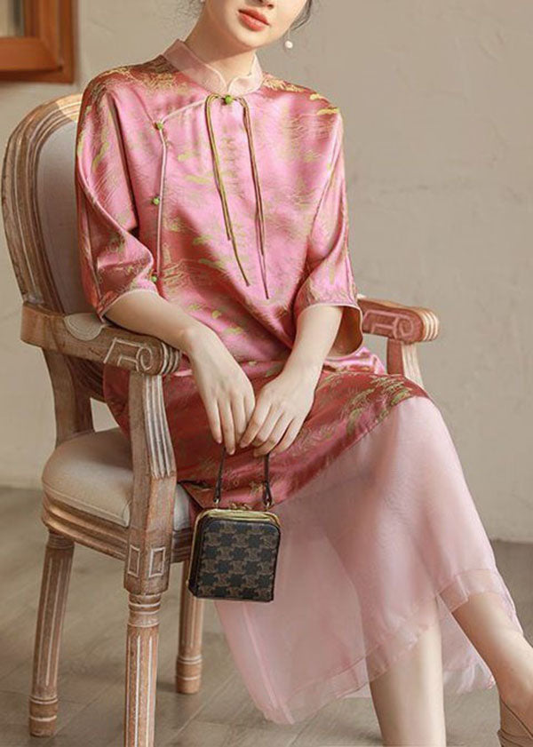 Pink Stand Collar Tasseled Print Patchwork Silk Long Dress Summer