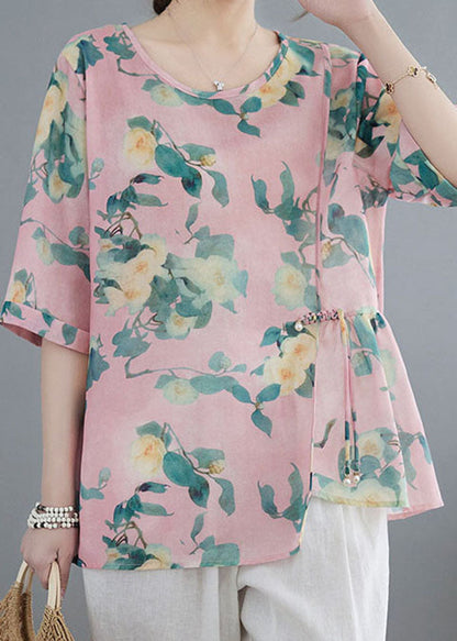 Pink Tasseled Asymmetrical Print Patchwork Cotton Top Summer