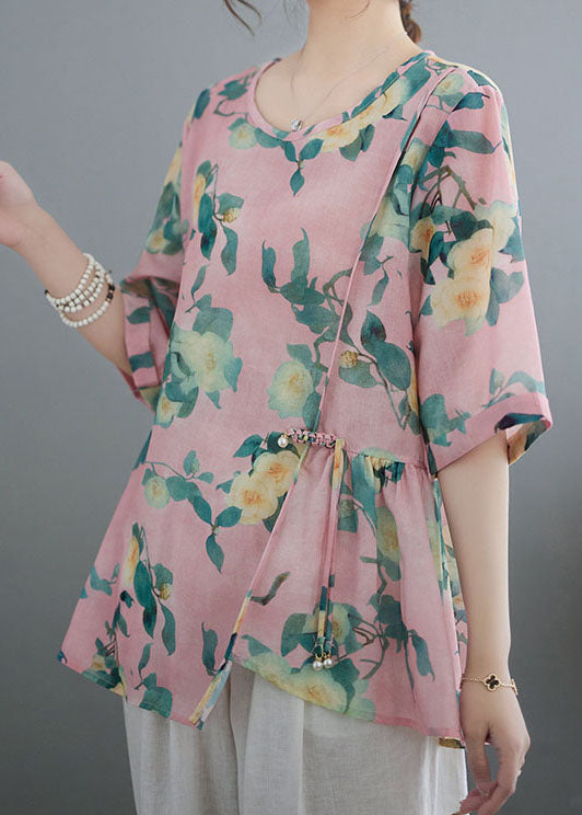 Pink Tasseled Asymmetrical Print Patchwork Cotton Top Summer