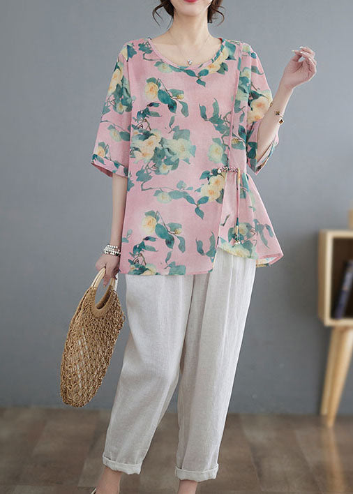 Pink Tasseled Asymmetrical Print Patchwork Cotton Top Summer