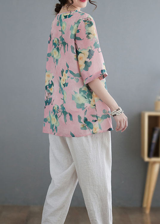 Pink Tasseled Asymmetrical Print Patchwork Cotton Top Summer