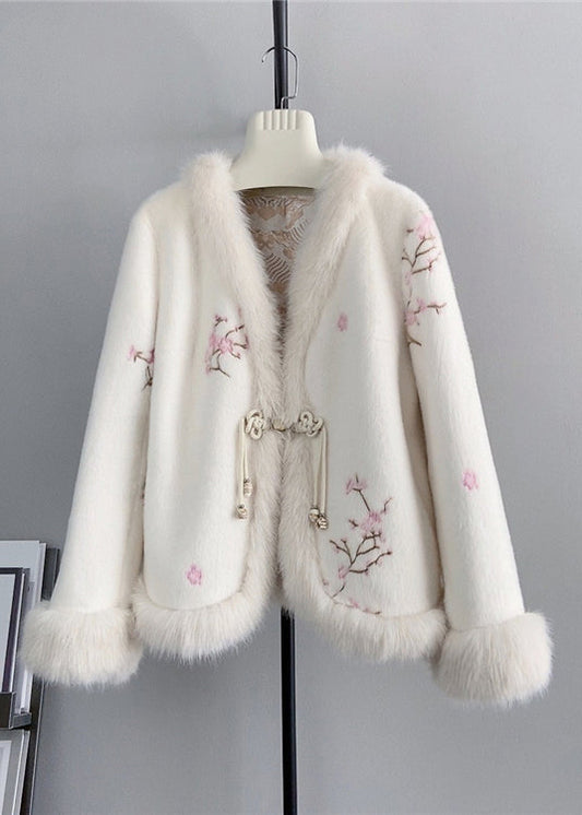 Pink V Neck Embroidered Fox Fur Mink Cashmere Coat Winter