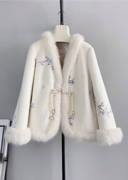 Pink V Neck Embroidered Fox Fur Mink Cashmere Coat Winter