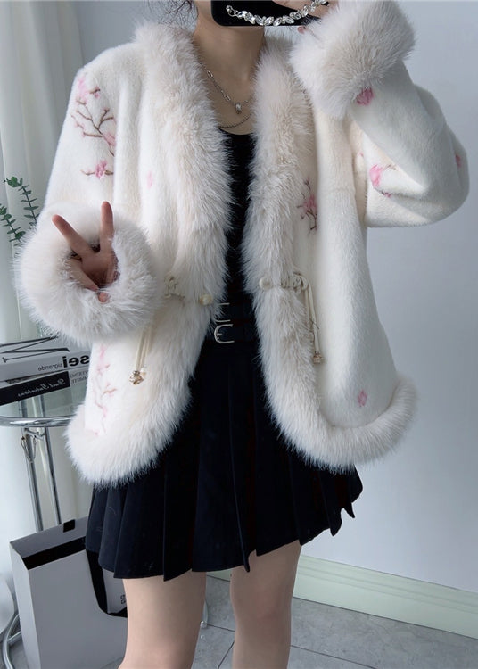 Pink V Neck Embroidered Fox Fur Mink Cashmere Coat Winter