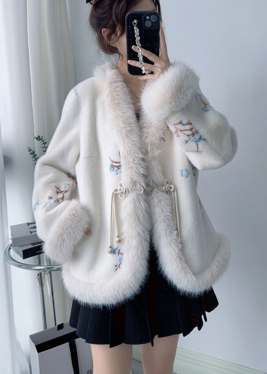 Pink V Neck Embroidered Fox Fur Mink Cashmere Coat Winter