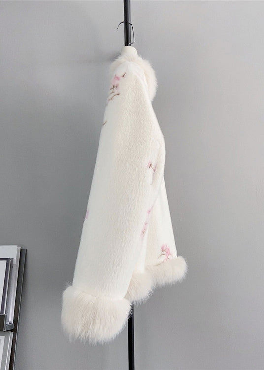 Pink V Neck Embroidered Fox Fur Mink Cashmere Coat Winter