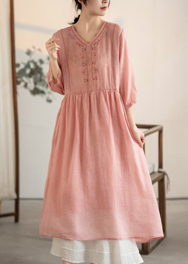 Pink V Neck Patchwork Linen Dresses Summer