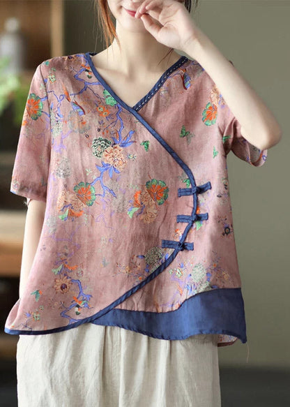 Pink V Neck Print Button Patchwork Blouse Tops Short Sleeve