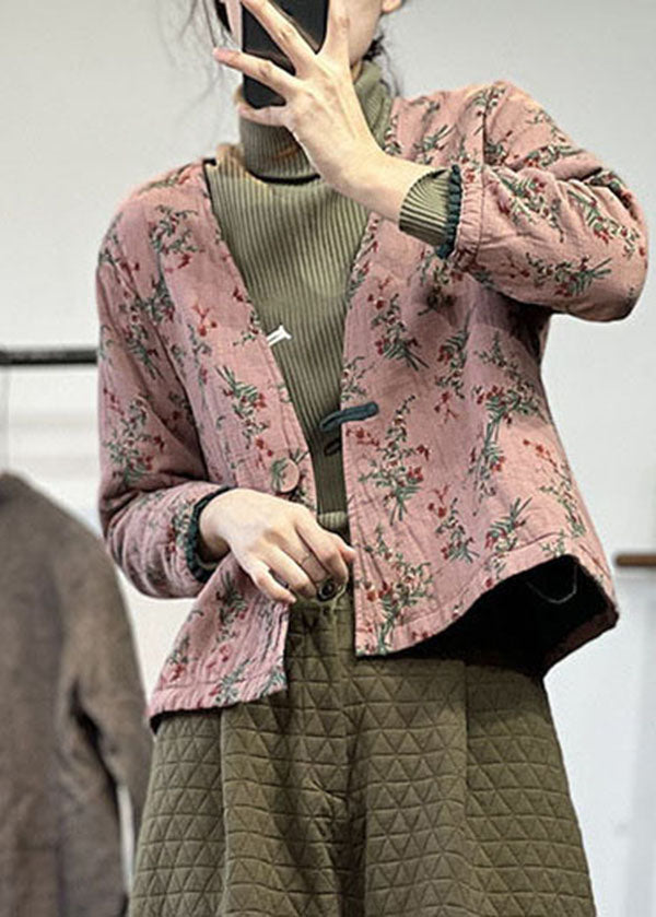Pink V Neck Print Fine Cotton Filled Parka Jacket Winter