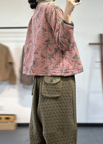Pink V Neck Print Fine Cotton Filled Parka Jacket Winter