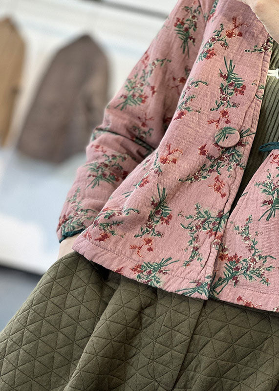 Pink V Neck Print Fine Cotton Filled Parka Jacket Winter
