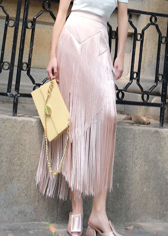 Pink Zip Up Tassel Patchwork Skirt Spring