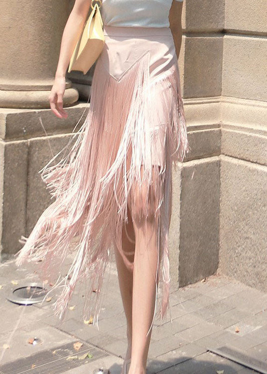 Pink Zip Up Tassel Patchwork Skirt Spring