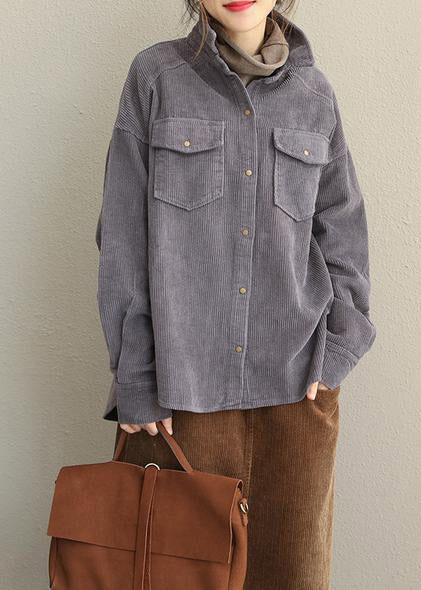 Pink and Gray Fall Loose Corduroy Short Coat for