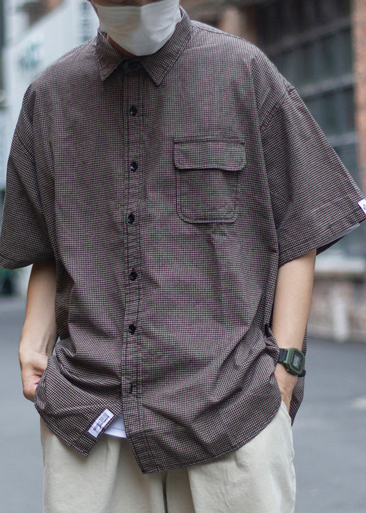 Plaid Peter Pan Collar Pockets Cotton Shirts Summer