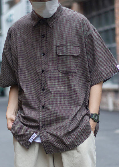Plaid Peter Pan Collar Pockets Cotton Shirts Summer